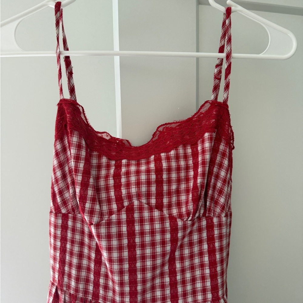Red and White Gingham Tiered Maxi Dress - Picture 2 of 7